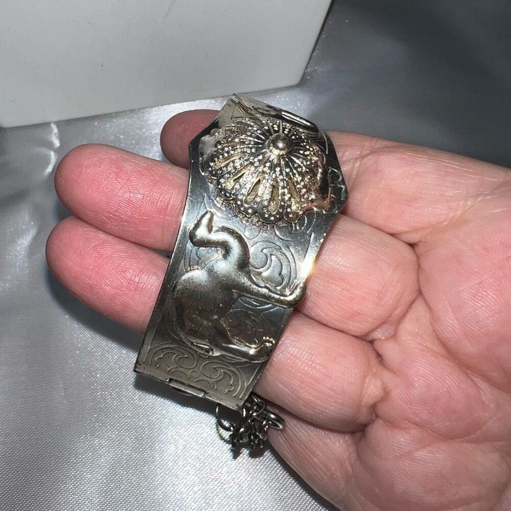 Silver Plated Vintage Hamsa and Camel Ethnic Cuff Bracelet